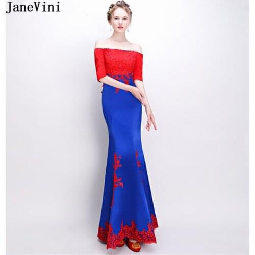JaneVini Vintage Contrast Mermaid Long Bridesmaid Dresses with Appliques Beaded Half Sleeves Satin Ankle Length Prom Party Gowns