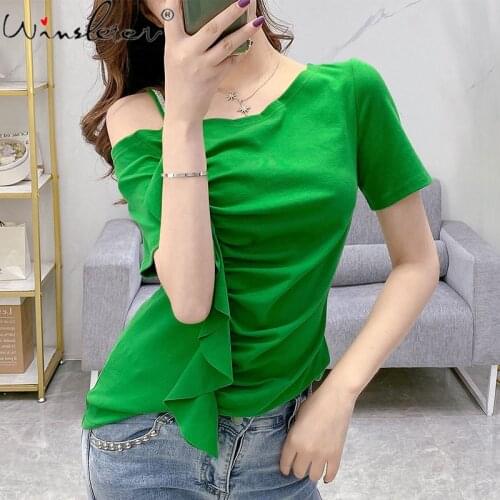 Summer European Style Cotton T-Shirt Sexy Ruffles Shiny Diamonds Chain Irregularity Women Tops Short Sleeve Tees 2021 T13114A
