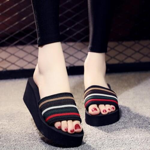 Women Slippers Summer Bohemia Beach Sandals Blue Stripes Slippers Flip Flops For Women Platform Sandals High Heel Slippers