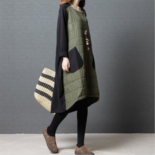 Women Long Cotton Coat O-Neck Ladies Elegant Patchwork Vestidos Plus Size Female Clothes M-7XL Thicken Warm Loose 2020 Winter