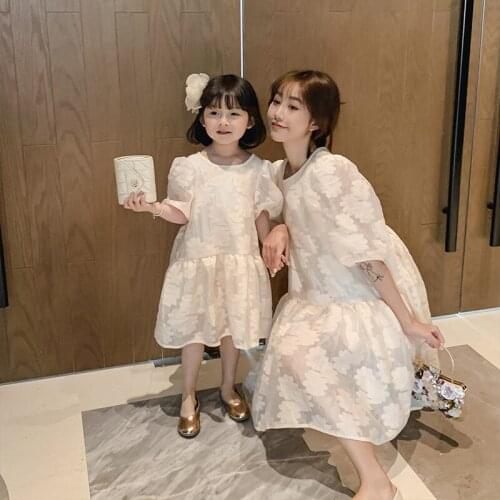 Sannian Women Dresses 2021 Summer New Parent-child Dress Womens Lace Dress Girls Puff Sleeve Princess Dress Family Outfits
