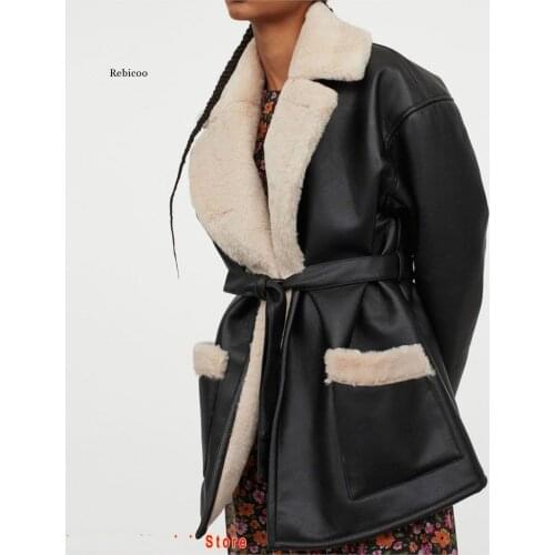 Winter Brand Coats Women Thicken Faux Leather Fur Coat Female Fur Lining Leather Jacket Aviator Jacket Faux Leather Thick Warm