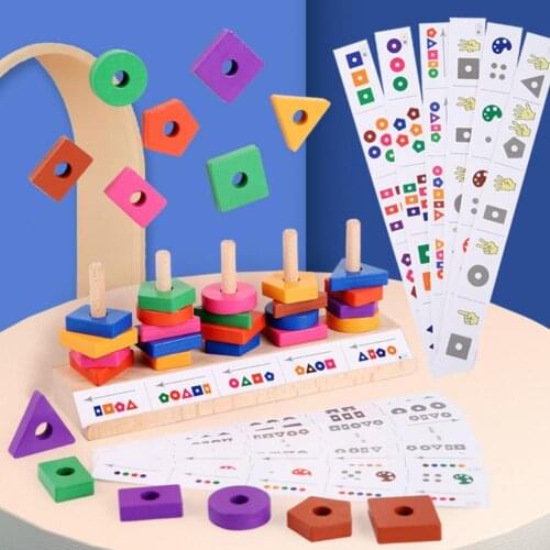 1 Set Toy Five Columns Color Recognition Wooden Geometric Shape Stacker Toy for Toddlers