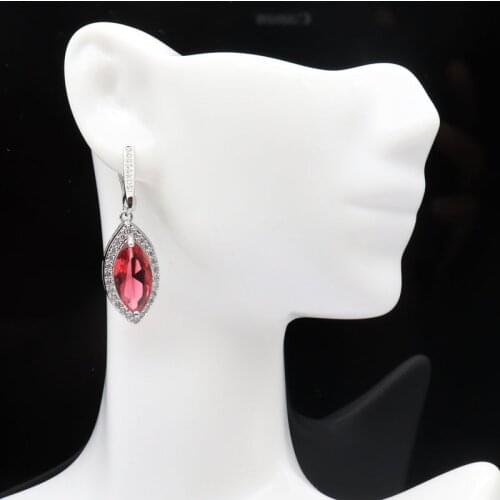 37x12mm Pretty Feather Shape Created Rhodolite Garnet White CZ Gift For Womans Silver Earrings