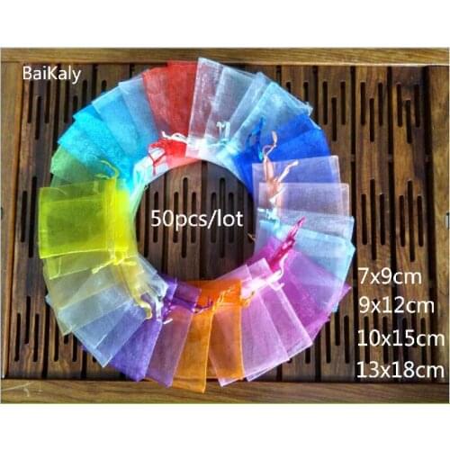 50pcs 7x9 9x12 10x15 13x18CM Organza Bags Jewelry Packaging Bags Wedding Party Decoration Drawable Bags Gift Pouches 24 colors