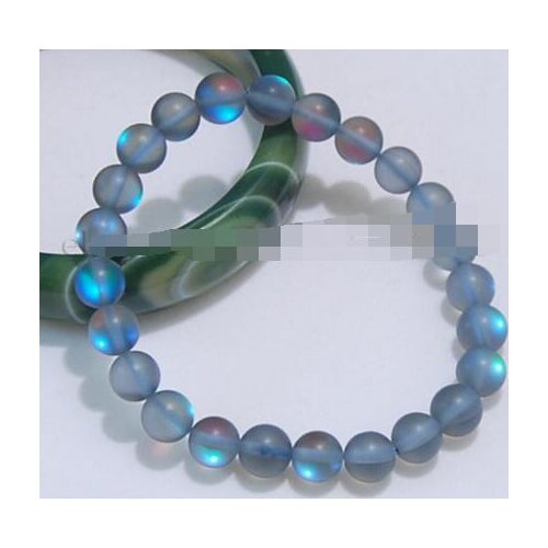 8MM Real Gray Gleamy Rainbow Moonstone Round Beads Stretchy Bangle Bracelet AAA