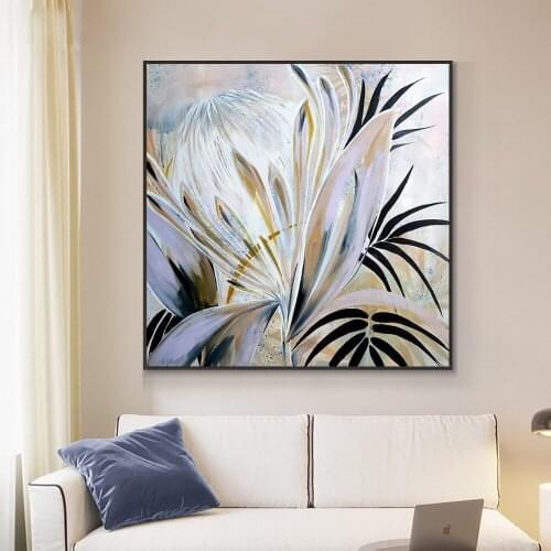 Abstract White Black Leaves Oil Painting 100% Hand Painted On Canvas Modern Plant Canvas Wall Art For Living Room Home Decor