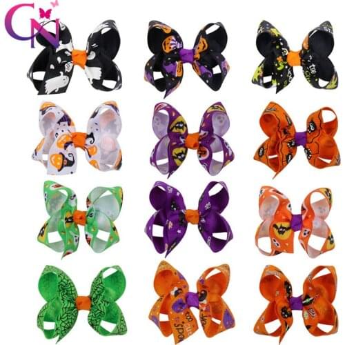 CN 3" Mini Halloween Hair Bows Hair Clips for Girls Funny Ghost Pumpkin Print Ribbon Bow Hairpins Festival Headwear