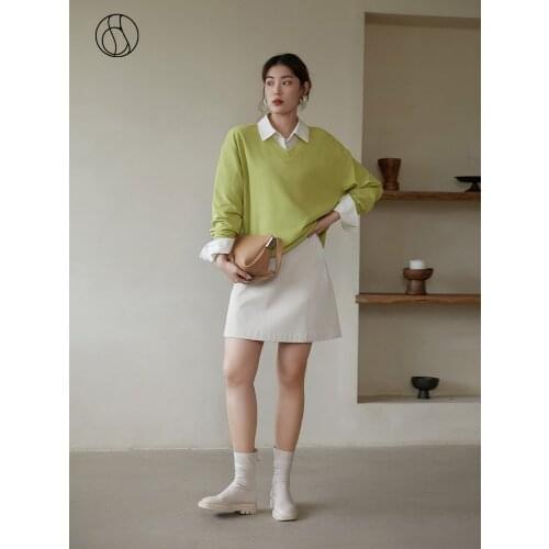 DUSHU Lady Pullover Sweater Waffle Lazy Casual Sweater Fall 2021 New Fall Shoulder Slimming Pullover Top Women Solid V-Neck Top