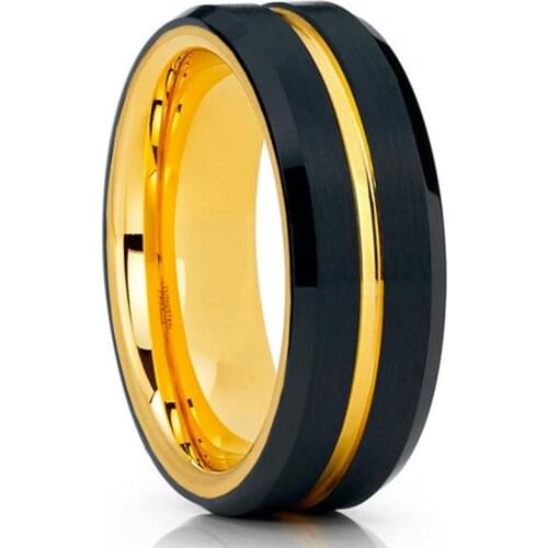Fashion Mens 8mm Gold Tungsten Carbide Ring Gold & Black Matte Finish Beveled Edge Wedding Band Ring Mens Anniversary Jewelry