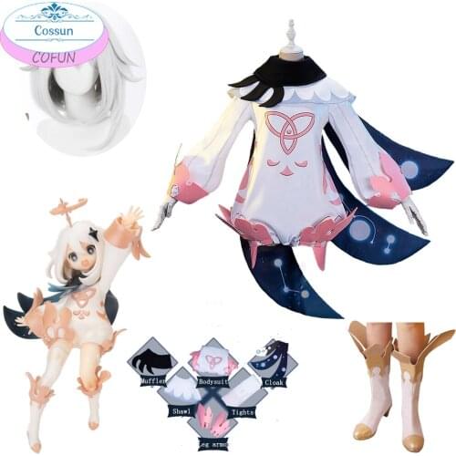 Game Genshin Impact Paimon Cosplay Costume Full Set Lolita Jumpsuits Adult Women One-Piece Uniform Party Halloween Wig Shoes
