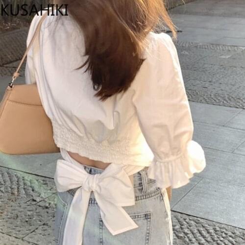 KUSAHIKI Bow Bandage Slim Waist Crop Top Blouse Korean Short Sleeve V-neck Shirt 2021 Summer New Blusas Mujer De Moda 6J657