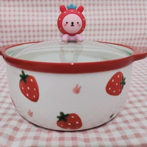 800ml girl Student Dormitory Meal Noodle Bowls With Lid Ceramic Phone Holder Household Cute Fruit strawberry peach Tableware new