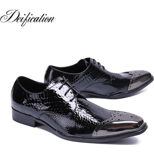 Deification Fashison Metal Square Toe Mens Dress Shoes Leather Black Luxury Wedding Shoes Lace Up Men Flats Office Formal Shoes