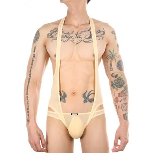 Mens Sexy One-piece Lingerie Body Chest Harness Halter Neck Elastic Wide Straps Mankini Jockstrap Underwear Leotard Bodysuit