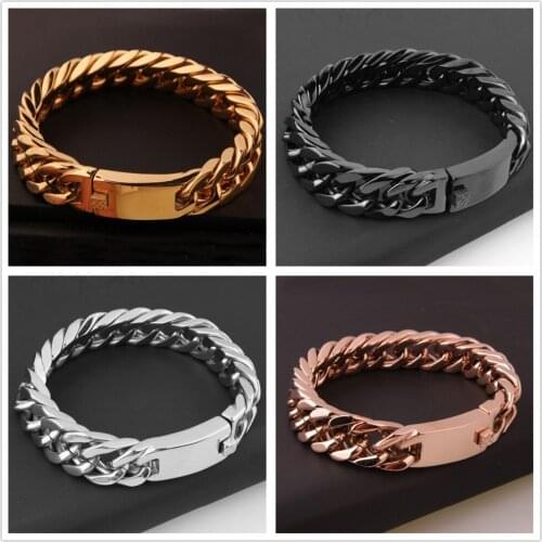 Hot Sale Fashion 316L Stainless Steel Silver Color/Gold Color/Black/Rose Gold Color Cuban Curb Chain Men Bracelet Bangle 15/17MM