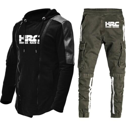 Spring Autumn Mens pullover HRC race motorcycle Car Logo printing cotton wool high quality Mens hoodie + pants two-piece suit