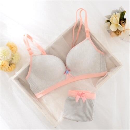 Solid Color Young Girl Bra Set For Student Cotton Thin Cup Push Up Wire Girl Bra+Panties Underwear Set For Teenage Girl