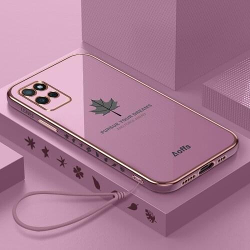 Leaf Plating Silicone Square Soft Rope Phone Case For Huawei P Smart Z Plus 2019 2021 P20 P30 P40 P50 Pro Luxury Lanyard Cover