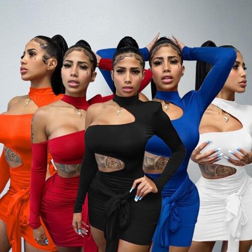 Sexy Cut Out Solid Irregular Mini Women Dress Elegant Long Sleeve Off the Shoulder Folds Bandage Bodycon Club Party Dresses Robe