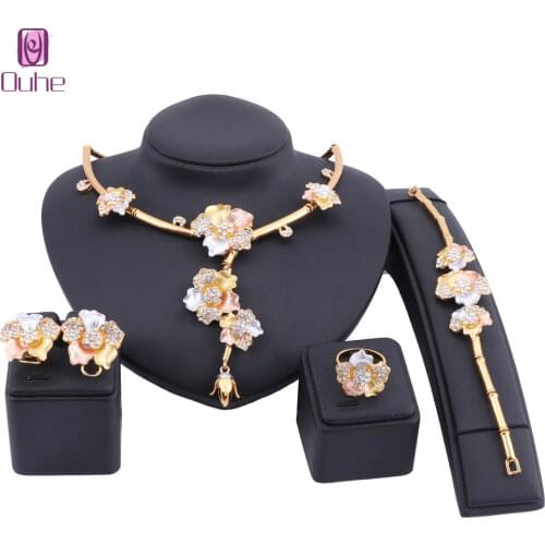 Bridal Gift Nigerian Wedding Flower Jewelry Set Brand Woman Fashion Dubai Gold Crystal Necklace Earring Bangle Ring Jewelry Set