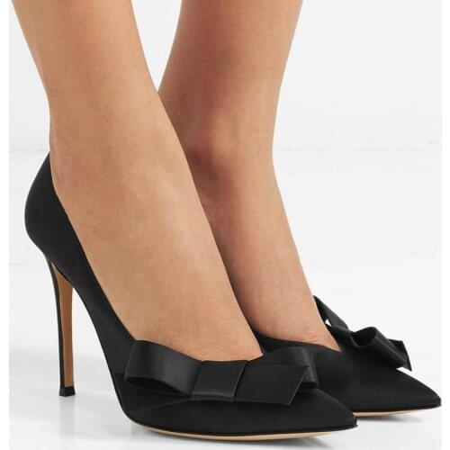 Pumps High Heels Womens Shoes Silk Thin Heels Sandals Fashion Bow Pointed Toe Black Single Shoes Slip-on Sandalias Eleganti