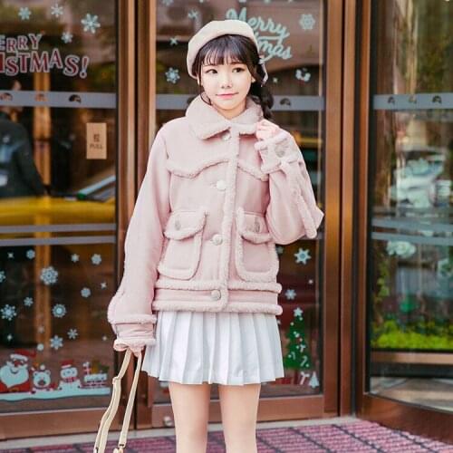 Japanese Harajuku pink sweet lolita coat winter brief paragraph thicken plush splicing jacket coat kawaii girl overcoat loli