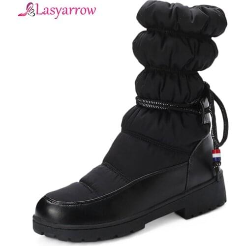 Lasyarrow Plus Size Mid Long Boot Sewing Pleated Block Heels Down Cotton Red White Warm Plush Womens Shoes Cute Snow Boots J1170