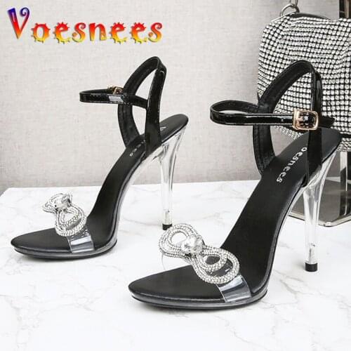 Voesnees Women Sandals 2021 Summer New PVC Sexy Transparent Crystal Ladies Party High Heels 11CM Shiny Diamond Bow Sandals Shoes