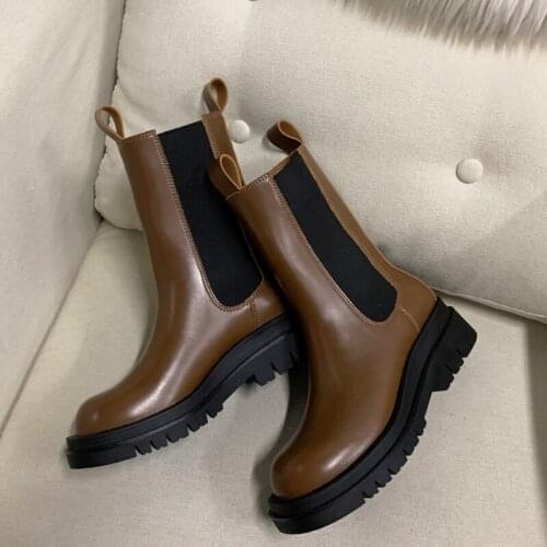 2020 Winter Platform Brown Chelsea Boots Women Round Toe Elastic Band Mid Boots Ladies Fashion British Style Knight Boots Women