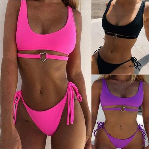 Heart Ring Hot Pink Swumsuit Woman Bikini Set High Waist Cute Swimsuit Neon Green Bandage Swimwear Female Bathing Suit HalterTop