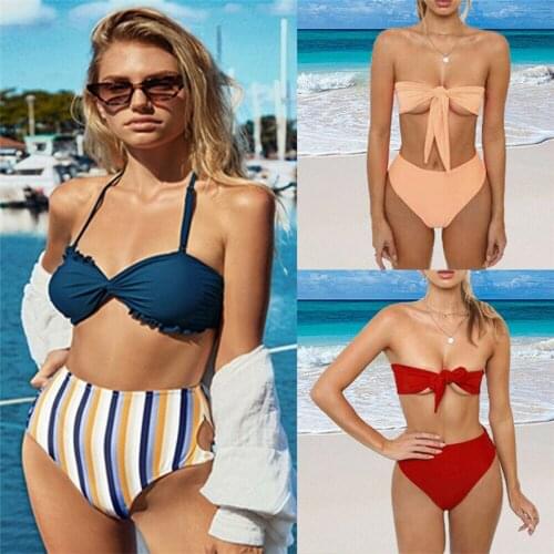 2019 Mid Waist New Summer Women Striped Bandage Bikini Set Solid High Quality Padded Push Up Swimwear Brazilian Bikini