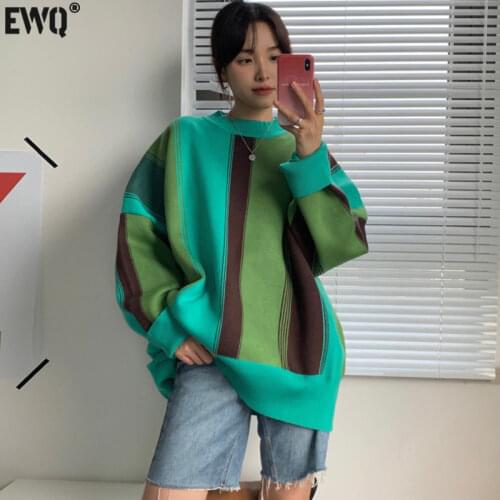 [EWQ] Lazy Style Fried Street Sweater Women Loose Outer Wear New Autumn And Winter Wild Long-sleeved Retro Striped Sweater