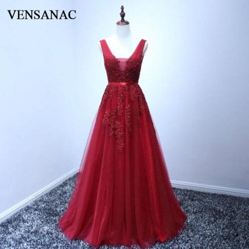 VENSANAC New A Line 2017 Embroidery Long Evening Dresses Sleeveless Elegant Lace Sweep Train Party Prom Gowns