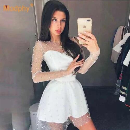2020 Summer New Elegant Womens Beaded Mini Dress Sexy White Black Long Sleeve Lace A-line Dress Celebrity Party Dress Vestidos