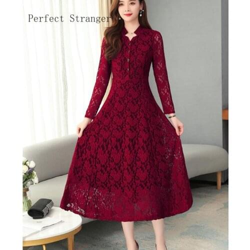 2020 Spring New Arrival Elegant Plus Size M-4XL Stand Collar Long Sleeve Women Lace Long Dress