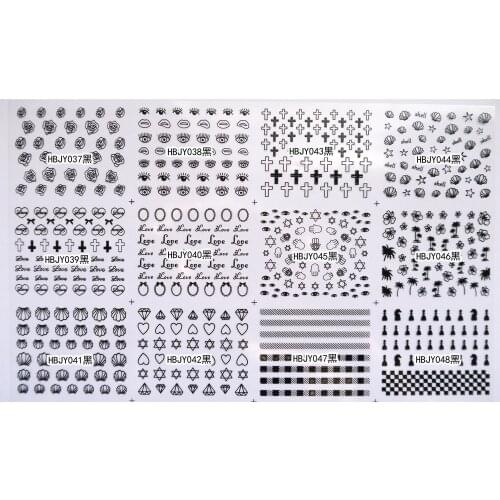 12 SHEETS NAIL ART 3D SELF ADHESIVE GOLD SILVER BLACK WHITE STICKER DECAL SLIDER PALM TREE LIP EYES CROSS CONCH HBJY37-48