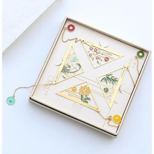 4PCS/SET Chinese Classical Style Bookmark Merlin Bamboo Chrysanthemum Metal Book Marks