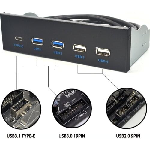 5.25 Inch USB 3.1 GEN2 Front Panel USB Hub 2 Ports USB 3.0 + 2 Ports USB2.0 + 1 Port TYPE-C with TYPE-E Connector for Desktop PC