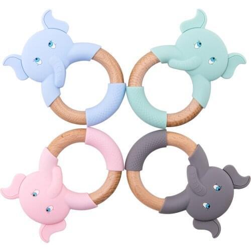 5pc Silicone Baby Teether Elephant Animals Wooden Rings Teether Rodents Beech Wood Rattles Chew Elephant Rings Baby Products