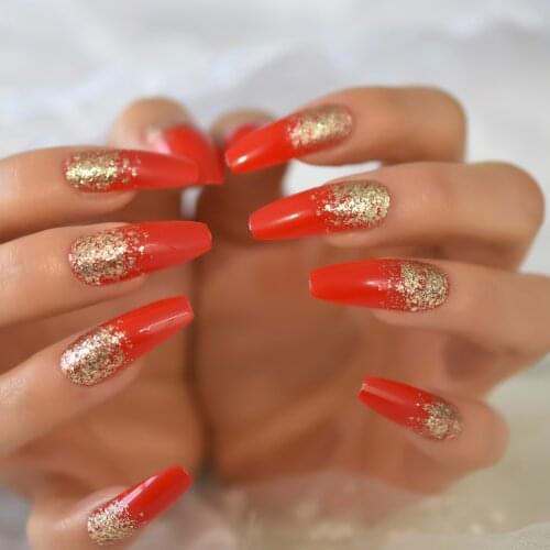Red Color Artificial False Ballerina Nail Art Tips Long Full Cover Pressed On Nails Glitter Fake Nail