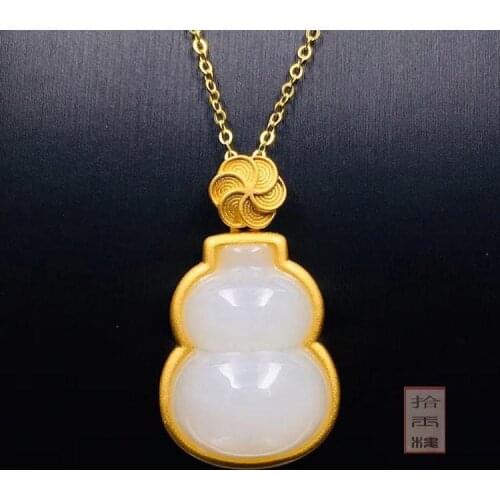 Natural Hetian white jade gourd Pendant Necklace Chinese style retro palace style unique ancient gold craft womens jewelry