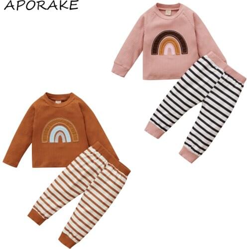 2021 6-24M Casual Toddler Boys Girl Clothing Rainbow Patch Long Sleeve Sweatshirt+Striped Pants Spring Autumn 2pcs Outfits Set
