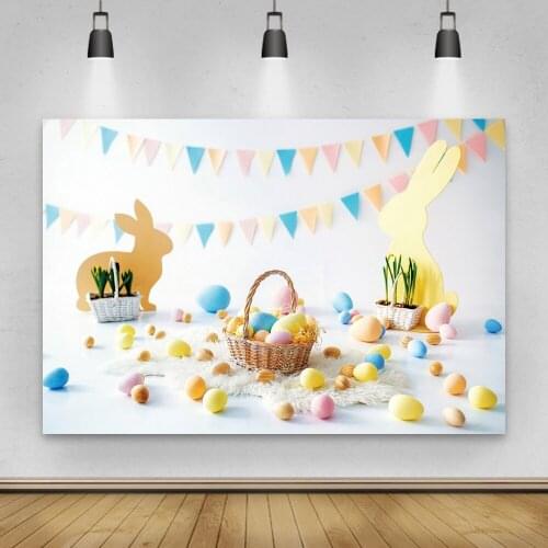 Laeacco Easter Photocall Pennant Rabbit Basket Easter Eggs Plants Party Decor Photography Backdrops Photo Backgrounds Photozone