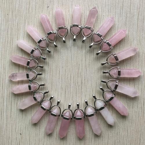 Fashion Good quality natural crystal quartz pink point pillar pendants for jewelry making 24pcs/lot Wholesale free shipping