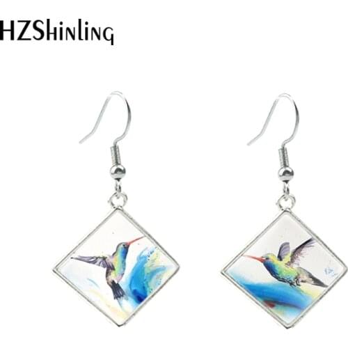 2020 New Hummingbird Earring Hummingbirds Rhombic Earring Glass Dome Photo Jewelry Bird Hook Earrings