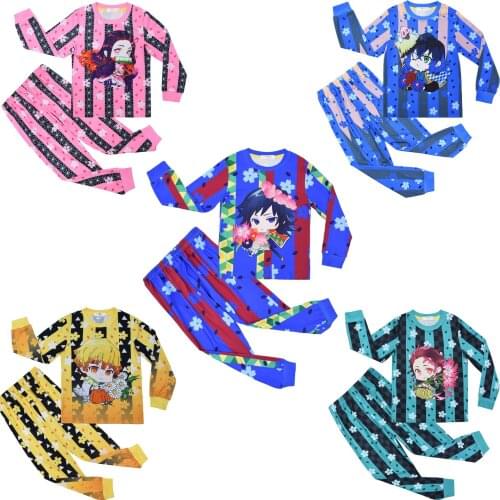 New Anime Demon Slayer Pajamas Cosplay Costume Kids Boys Girls 3D Printed Thin Long Sleeve Sleepwear Homewear C37M256