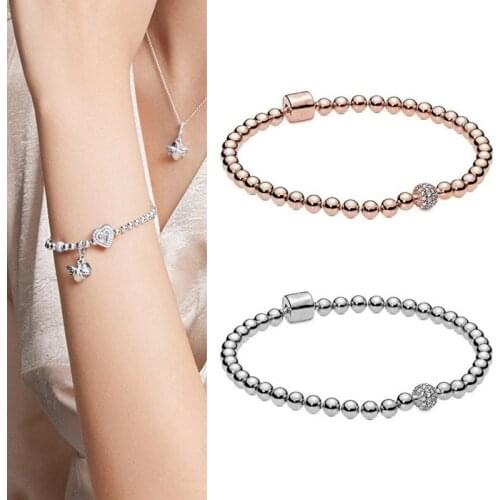 New Pan 925 Silver Fashion Beaded Bean Bracelet Womens Wedding Romantic Gift