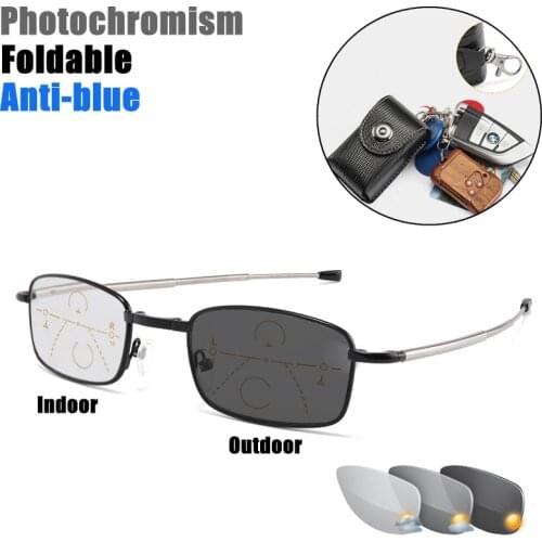 Outdoor Photochromic Reading Glasses Men Progressive Multi Focal Full Frame Metal Foldable Presbyopic Glasses with Case Black