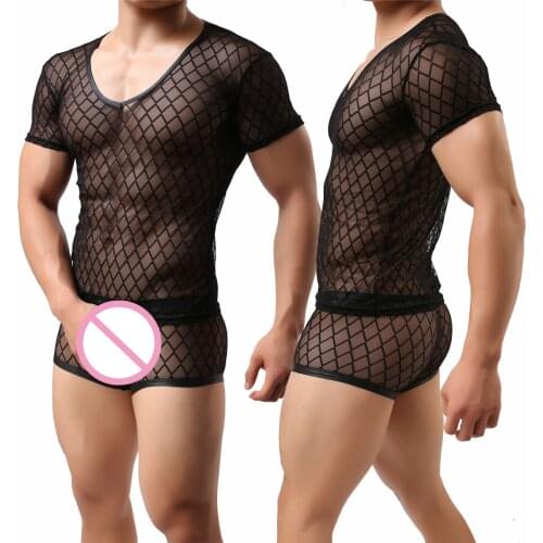Sexy Mens Clothes Set Mesh See Through Shirt Men Underwear Set Male Undershirts Hollow Out Fitness Tops+Boxer Shorts Underpants